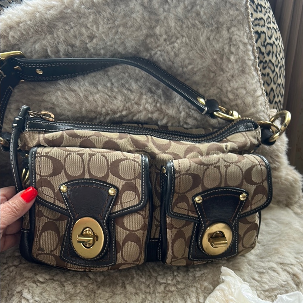 Coach Brown and Gold Shoulder Bag with Monogram Pattern